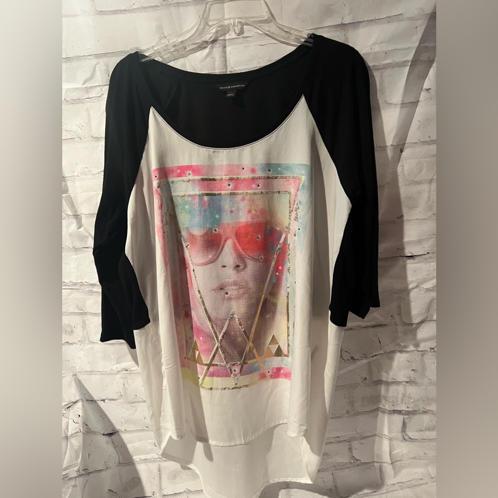 Rock & Republic Mix Material Printed Baseball Tee